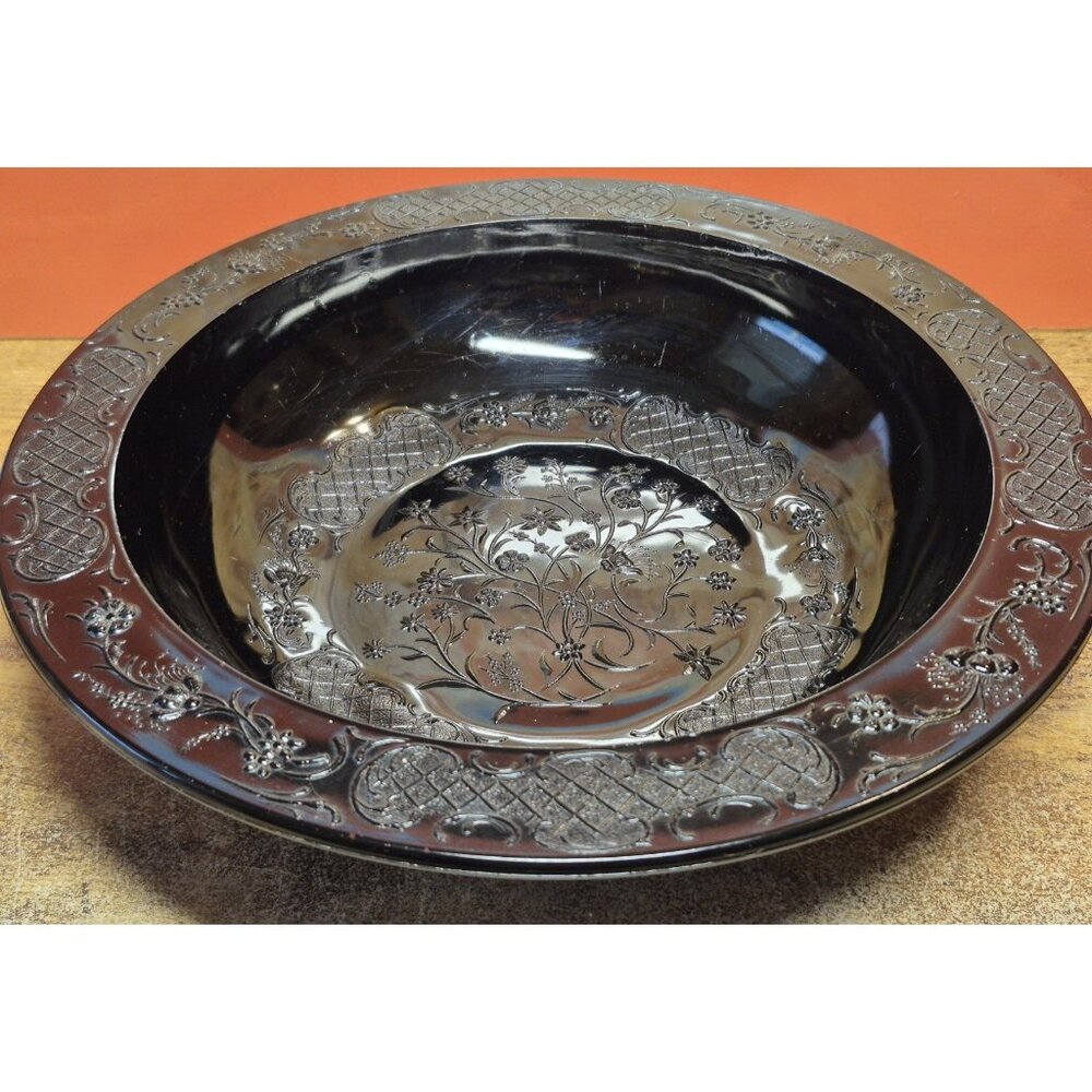L.E. Smith Black Amethyst Glass Footed Centerpiece Bowl Floral & Lattice Design